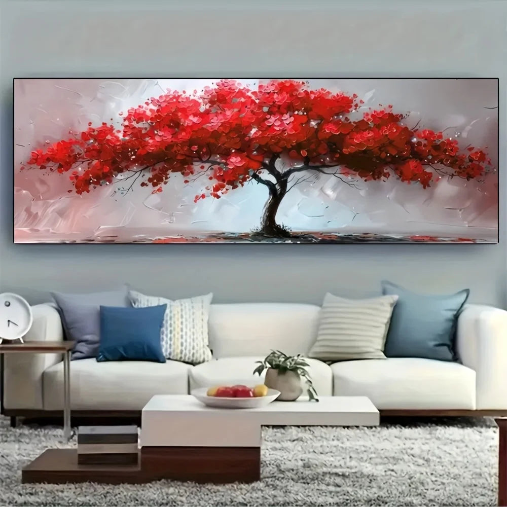 Stunning tree of life canvas wall art featuring a vibrant red tree against a light background