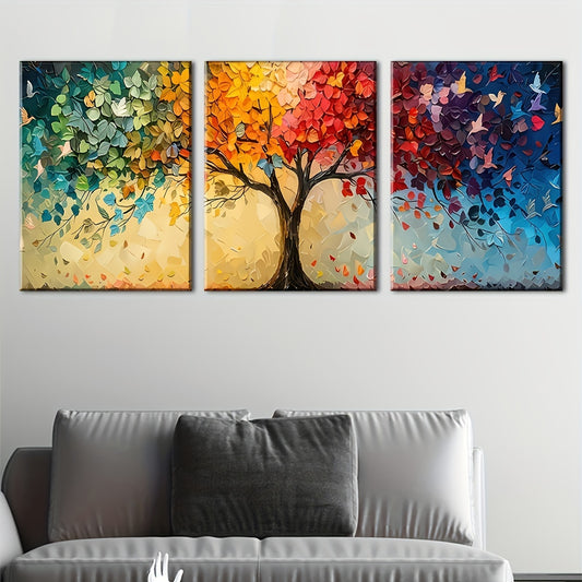 Colorful Tree of Life wall art in three panels showcasing vibrant leaves and a serene background