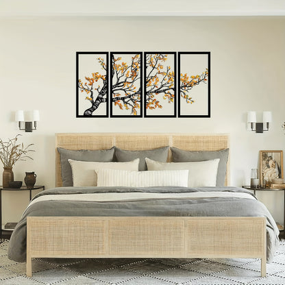 Nutshell Tree Wall Decor with Bird featuring a multi-panel autumn tree branch above bed