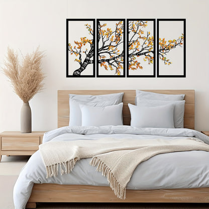 Nutshell Tree Wall Decor with Bird split panel art featuring autumn leaves in bedroom above bed