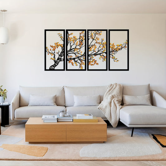 Nutshell Tree Wall Decor with Bird in black frame featuring autumn leaves above modern beige sofa