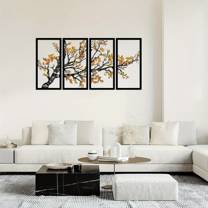 Nutshell Tree Wall Decor with Bird in four black frames featuring autumn leaves above modern white sofa