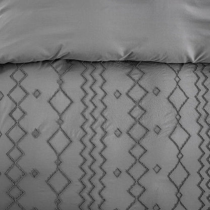 Nutshell tufted gray duvet cover set featuring intricate diamond and zigzag stitch patterns