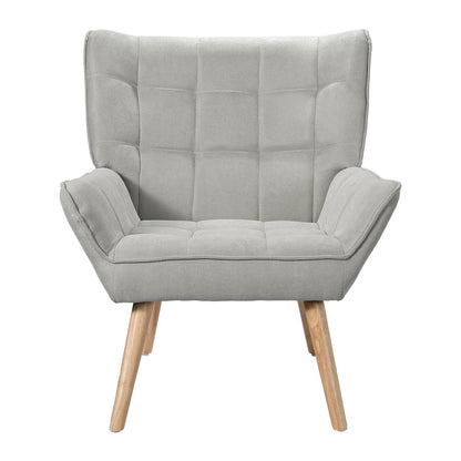 Nutshell Tufted Wingback Armchair in light gray with wooden legs and modern design