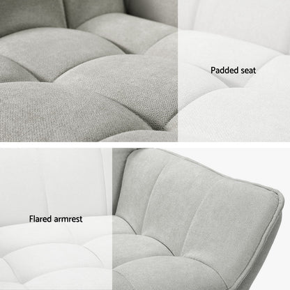 Close-up of Tufted Wingback Armchair by Nutshell showing padded seat and flared armrest in gray fabric