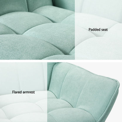 Nutshell tufted wingback armchair with padded seat and flared armrest in soft green fabric
