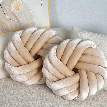 Two Piece Set Round Velvet Knot Cushion in Beige for Stylish Home Decor