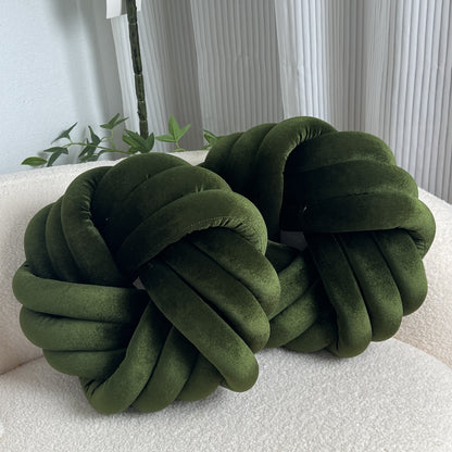 Two Piece Set Round Velvet Knot Cushion in Olive Green for Stylish Home Decor
