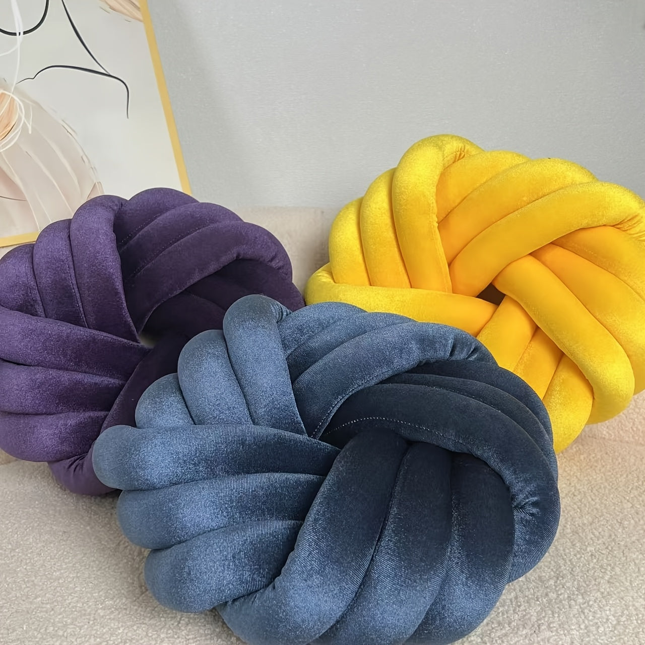 Two Piece Set Round Velvet Knot Cushion in Purple and Yellow for Stylish Home Decor