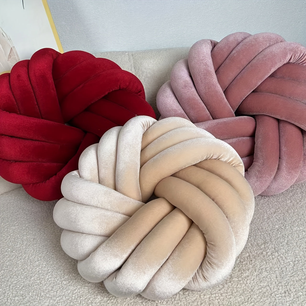 Two Piece Set Round Velvet Knot Cushion in Red and Pink for Elegant Home Decor