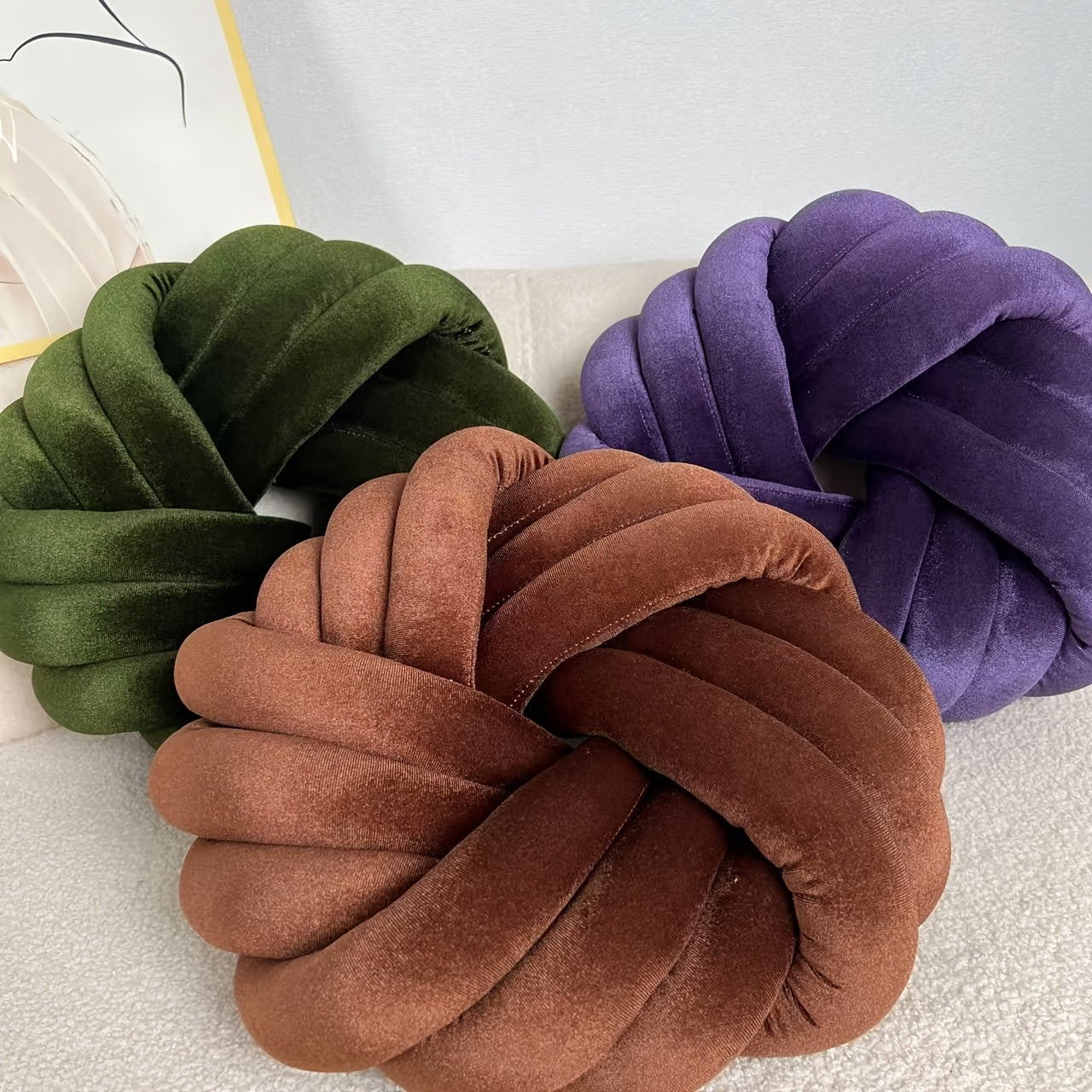 Two Piece Set Round Velvet Knot Cushion in Green, Brown and Purple for Stylish Home Decor