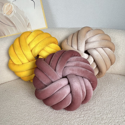Two Piece Set Round Velvet Knot Cushion in yellow, brown, and mauve for stylish home decor