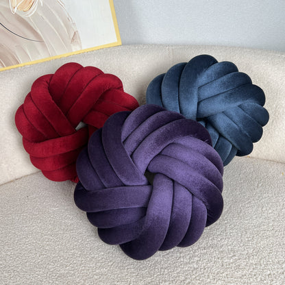 Two Piece Set Round Velvet Knot Cushion in Red and Dark Purple for Stylish Home Decor