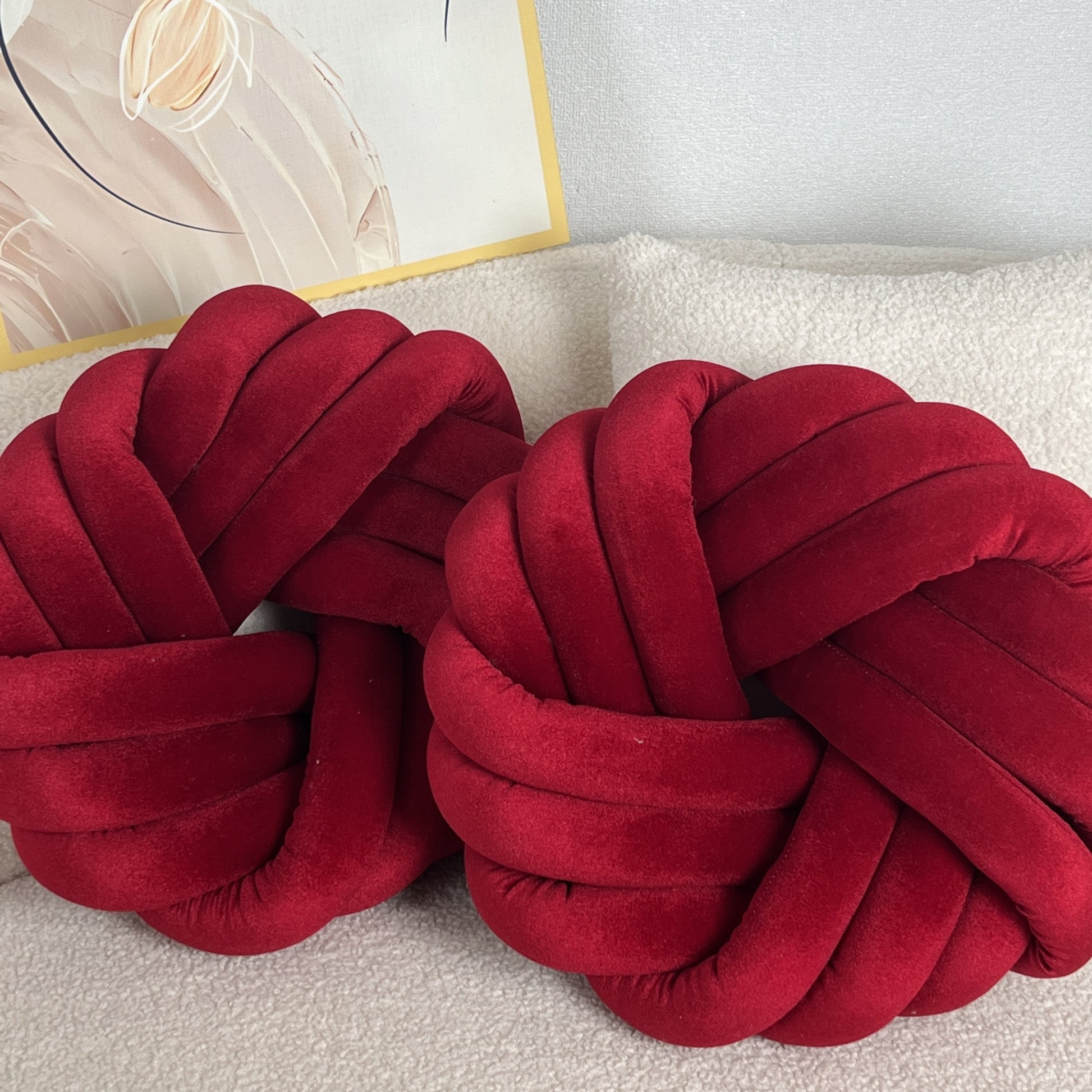 Two Piece Set Round Velvet Knot Cushion in Rich Red for Stylish Home Decor