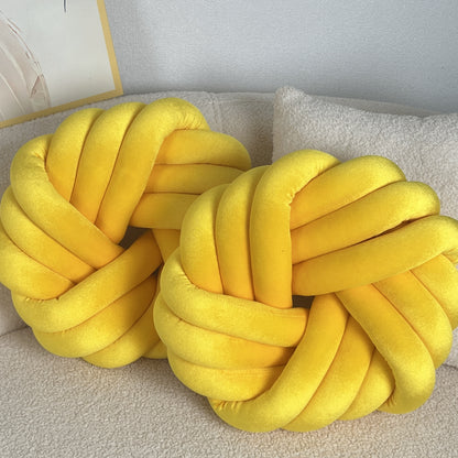 Two Piece Set Round Velvet Knot Cushion in bright yellow, ideal for modern home decor and comfort.