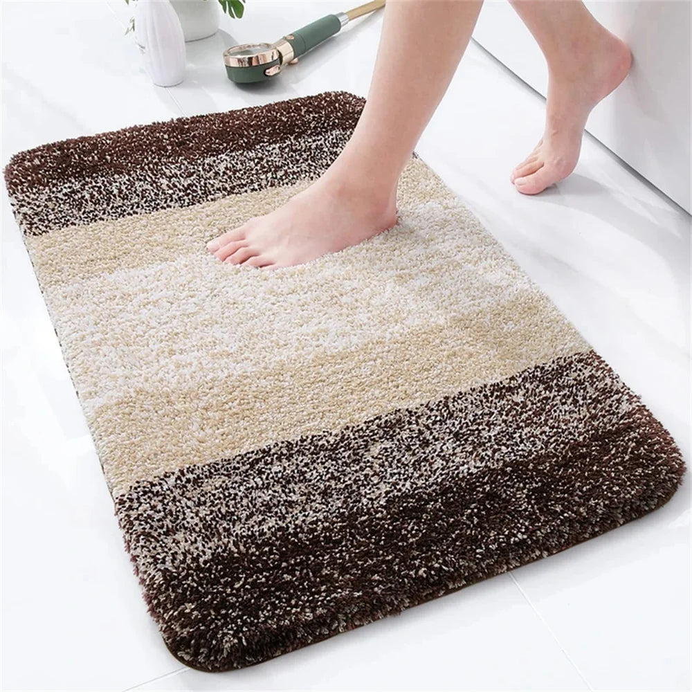 Soft and plush U-shaped bath mat for toilet with elegant striped design in neutral colors