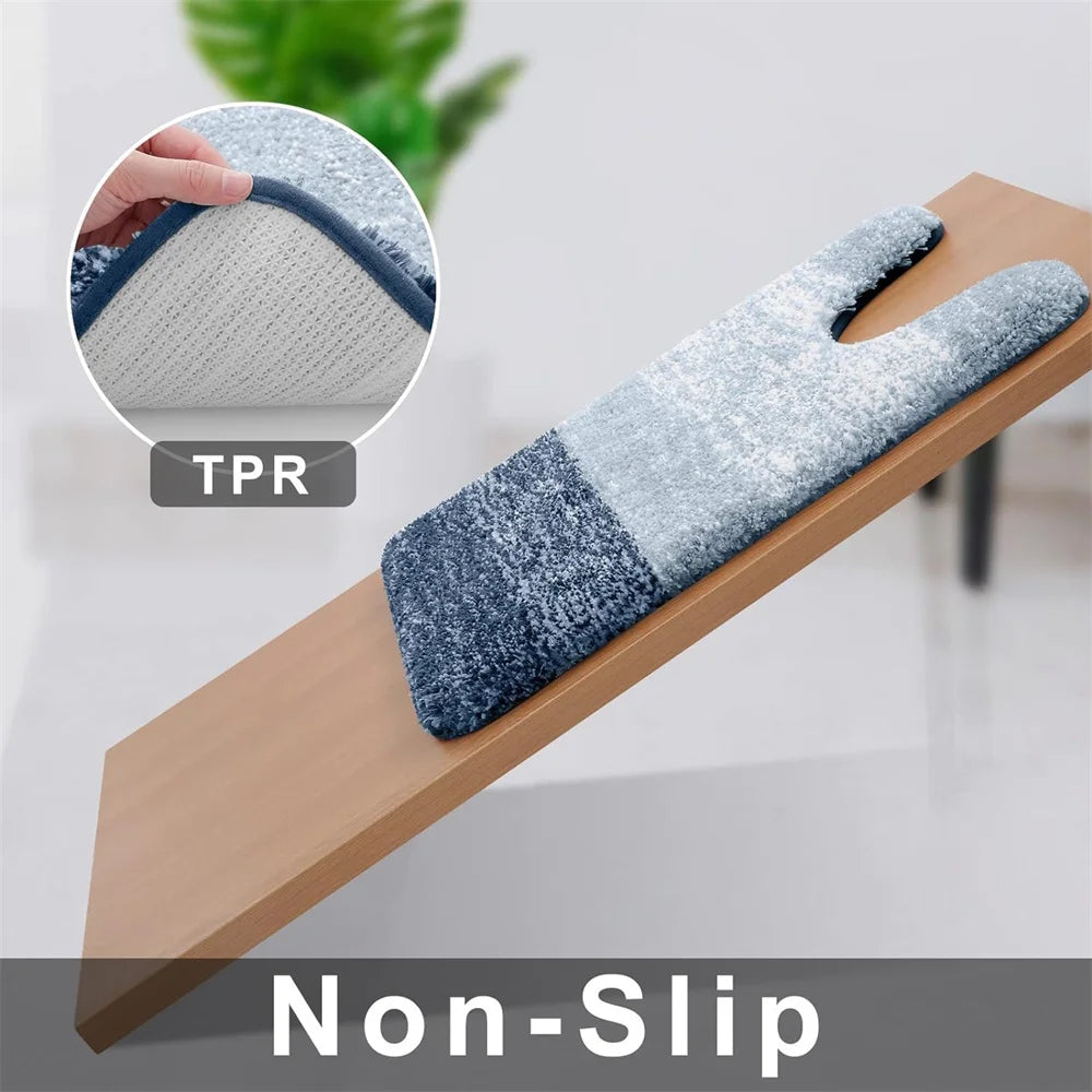 Non-slip U-shaped bath mat for toilet in blue and grey color with soft texture and durable TPR backing