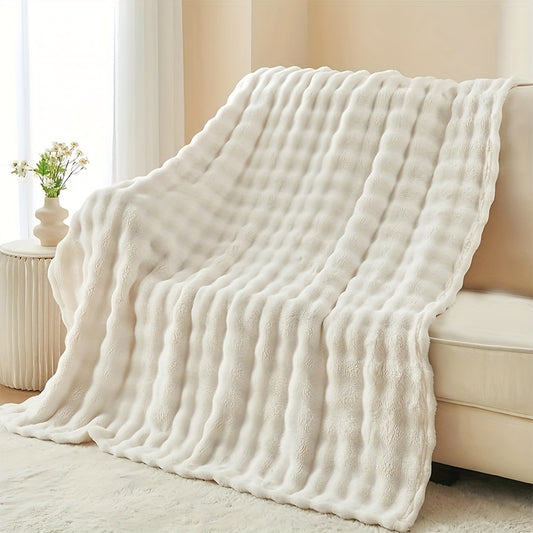 Ultra-Soft Flannel Fleece 3D Bubble Blanket in Cream Color Perfect for Cozying Up on a Sofa