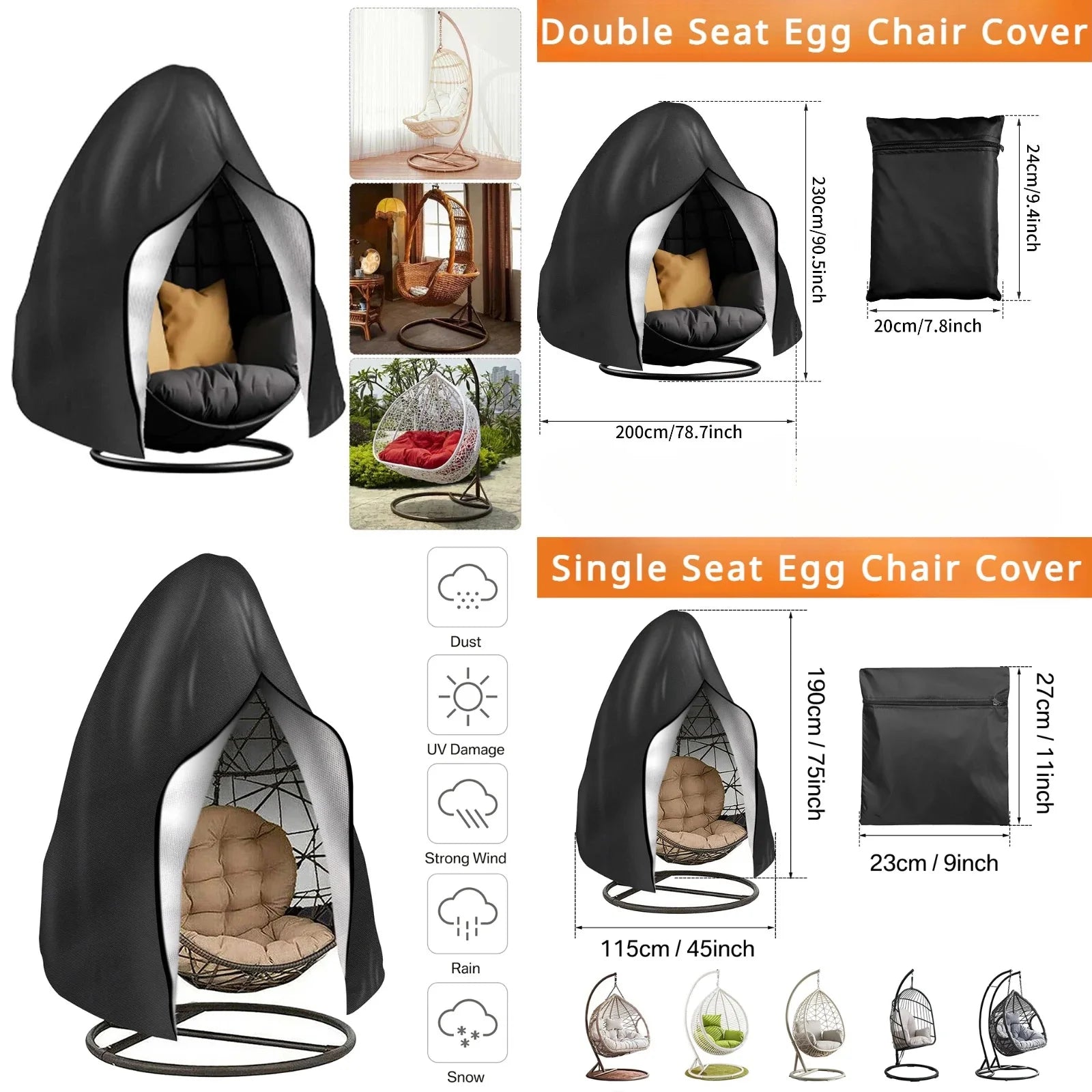 Nutshell black waterproof UV resistant hanging egg chair cover for single and double seat egg chairs