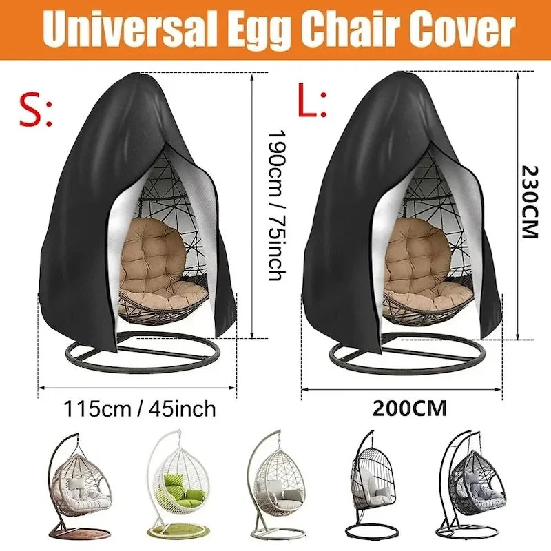 Nutshell black universal hanging egg chair cover for indoor and outdoor egg chairs shown in two sizes with dimensions