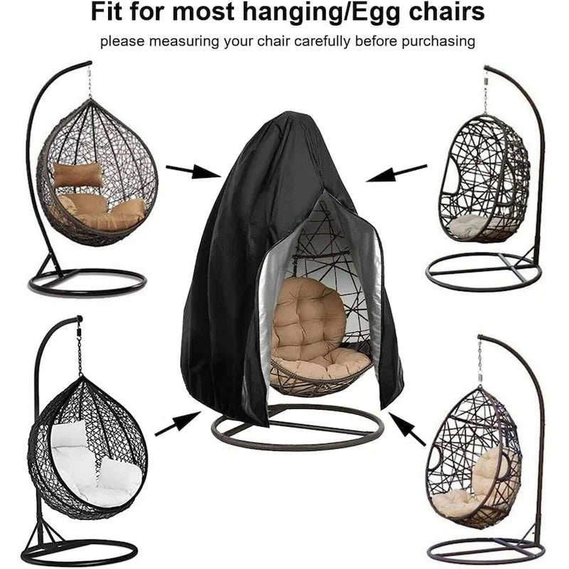 Nutshell black hanging egg chair cover shown on wicker hanging chairs protecting from rain and dust