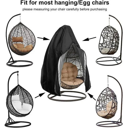 Nutshell black hanging egg chair cover shown on wicker hanging chairs protecting from rain and dust