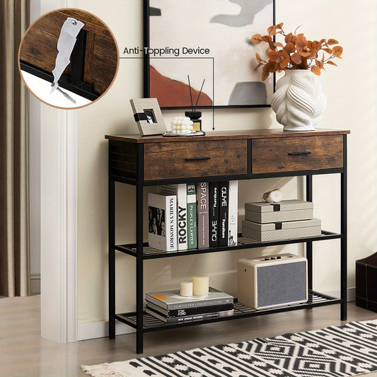 Nutshell 3 tier console table with drawers rustic wood top black metal frame open shelves and anti topple
