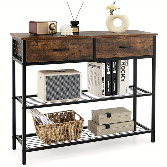 Nutshell 3 tier console table with drawers rustic brown wood top and black metal frame with two drawers and open wire shelves