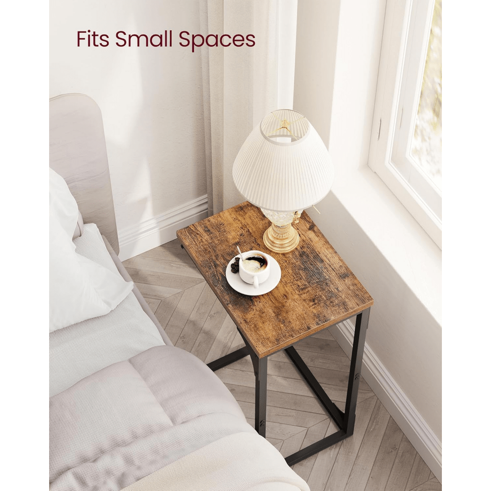Nutshell C-shaped sofa side table set designed for small spaces with a wooden top and metal base