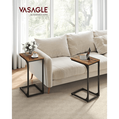 Nutshell C-shaped sofa side table set in rustic wood finish with metal frames for modern living rooms