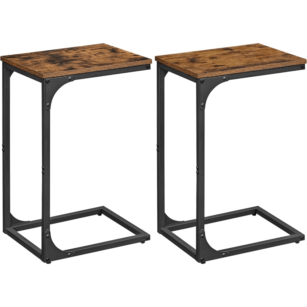 Nutshell C-shaped sofa side table set with rustic wood tops and sturdy metal frames