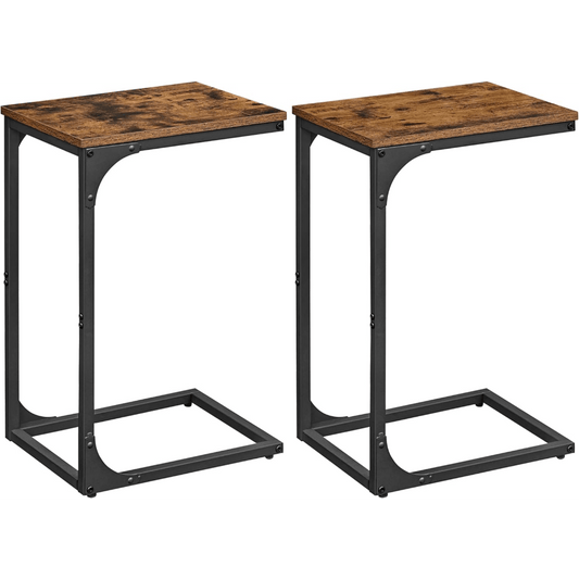 Nutshell C-shaped sofa side table set with rustic wood tops and sturdy metal frames
