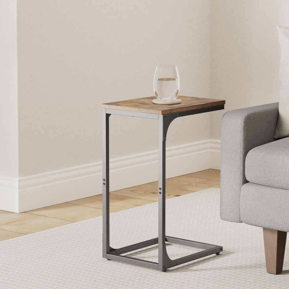 Nutshell C-shaped sofa side table set with a wooden top and metal frame for convenient living room use