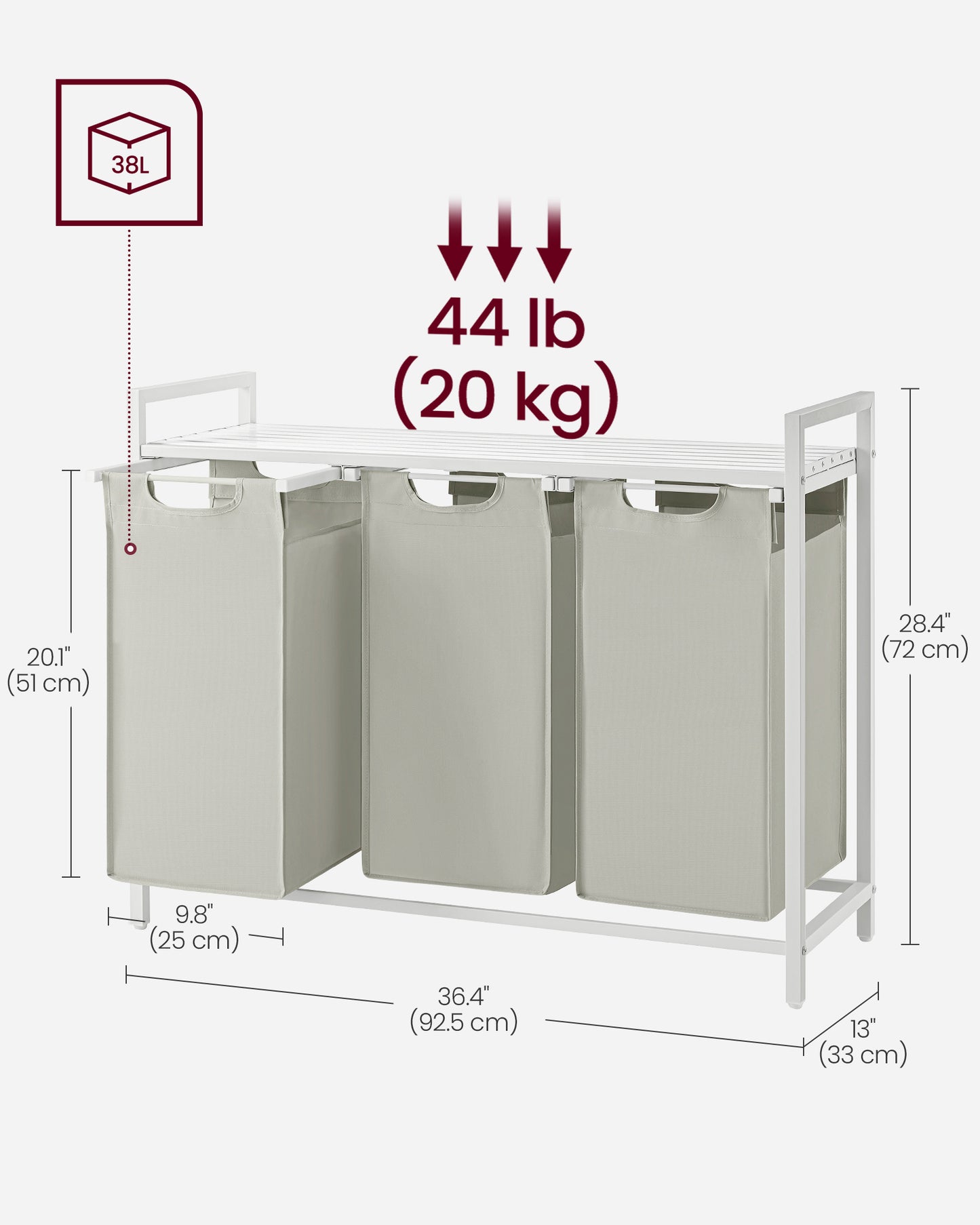 Nutshell laundry hamper with removable bags featuring three compartments for easy organizing