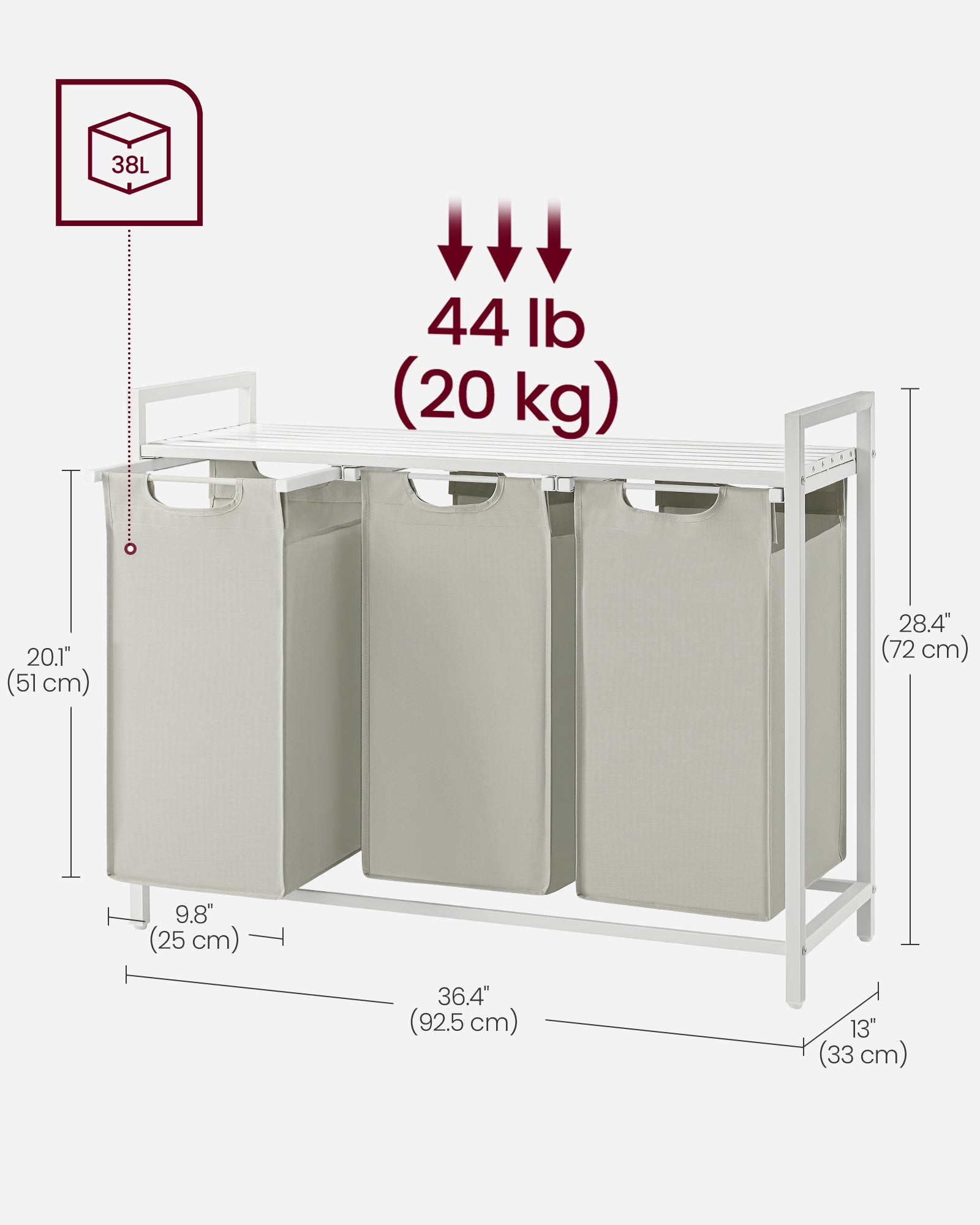 Nutshell laundry hamper with removable bags featuring three compartments for easy organizing