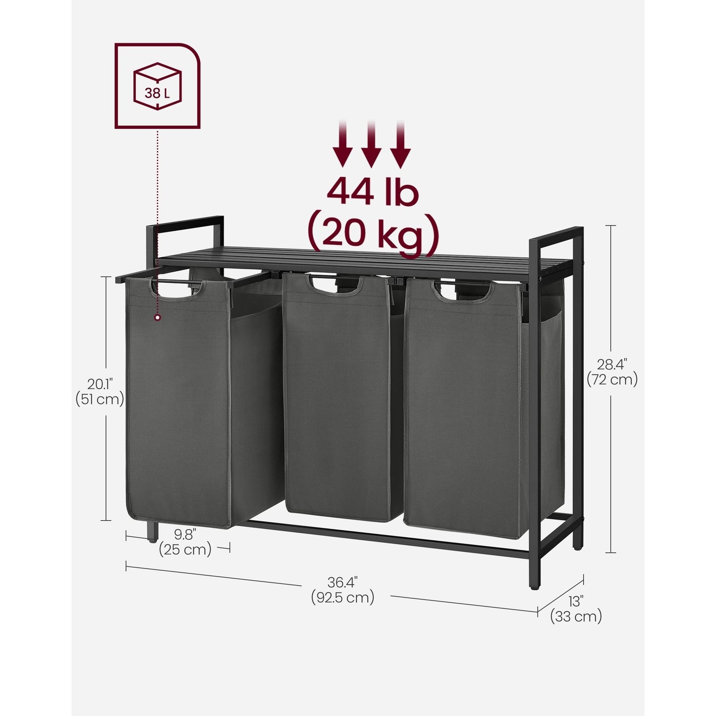 Nutshell laundry hamper with removable bags featuring three compartments for easy sorting