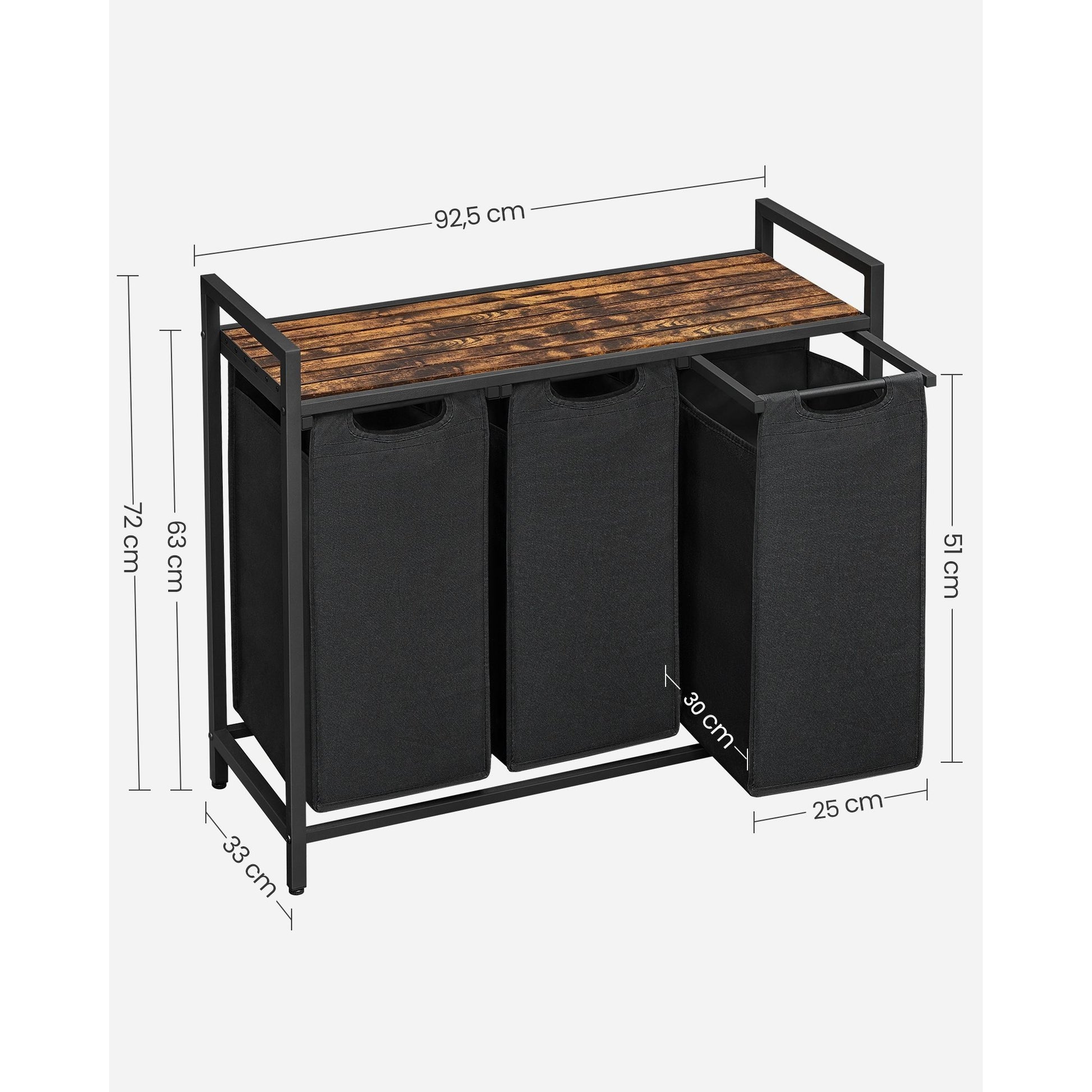 Nutshell laundry hamper with removable bags featuring three compartments and a wooden top for storage