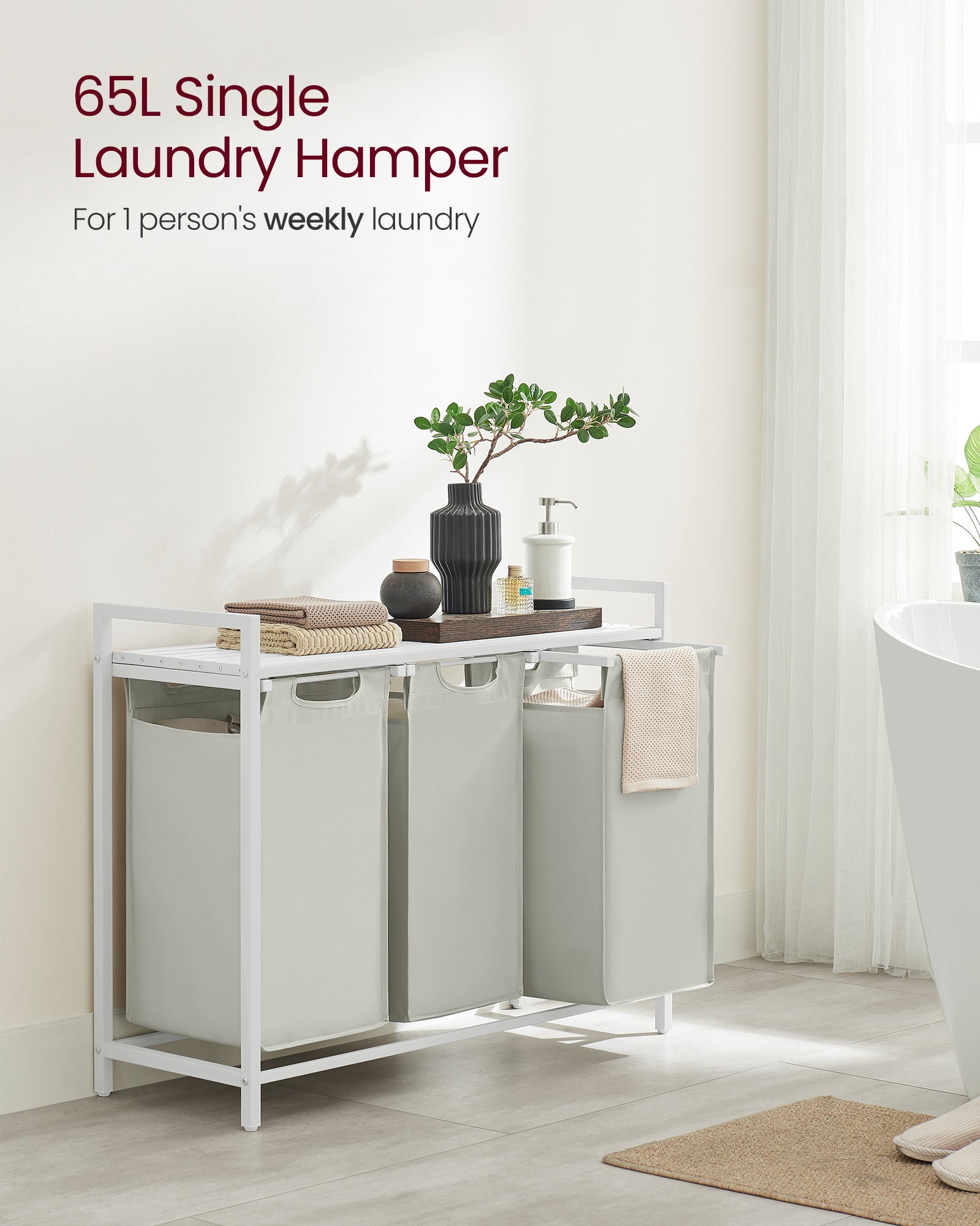 Nutshell 65L single laundry hamper with removable bags for organized weekly laundry