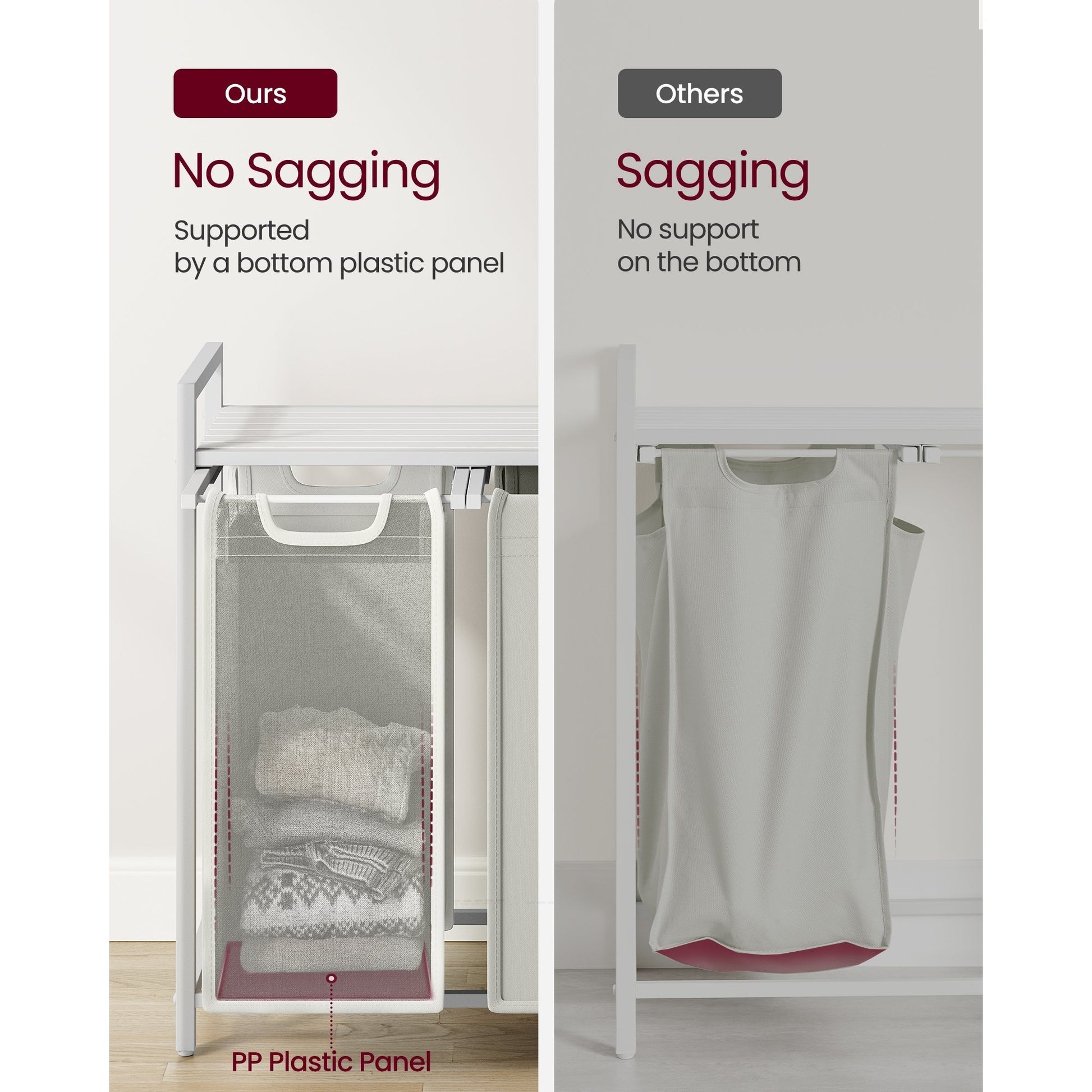 Nutshell laundry hamper with removable bags showcasing no sagging design supported by a bottom plastic panel