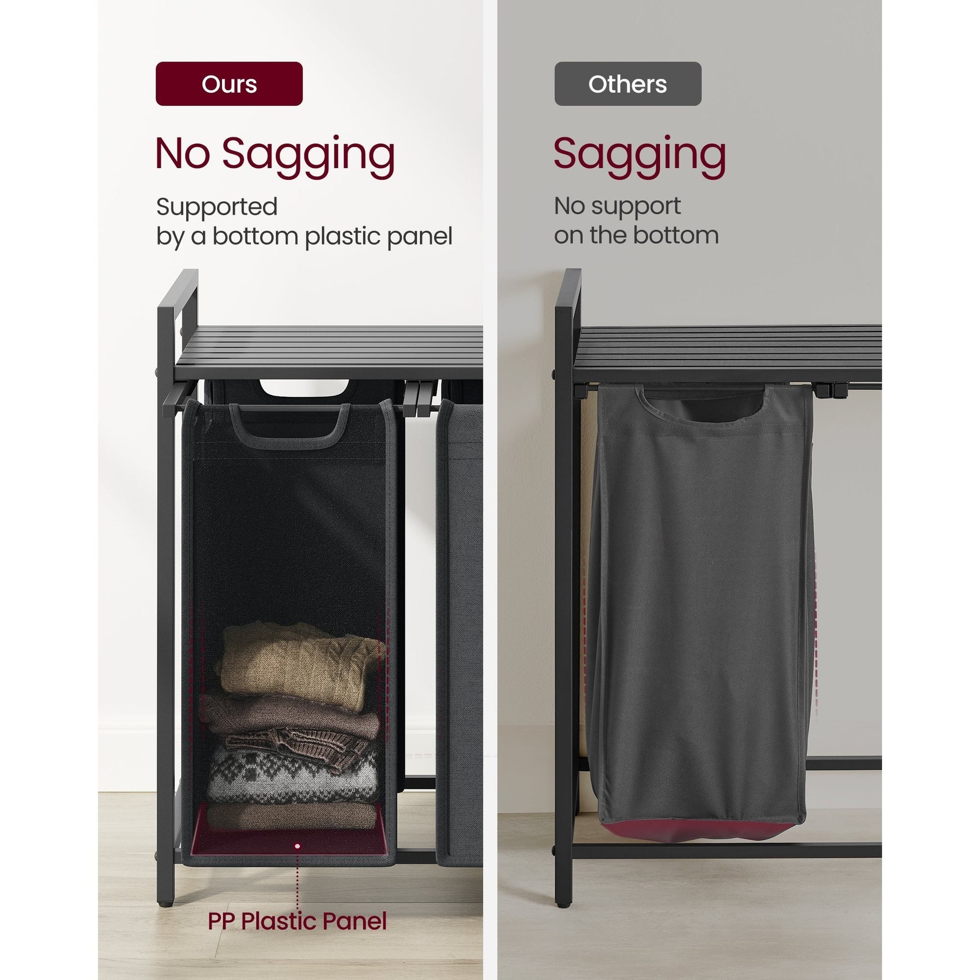 Nutshell laundry hamper with removable bags featuring a sturdy design that prevents sagging for organized laundry