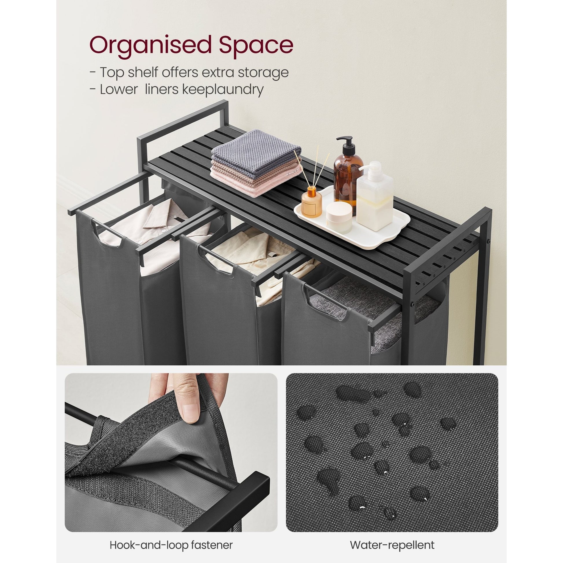 Nutshell laundry hamper with removable bags featuring organized space and water-repellent design
