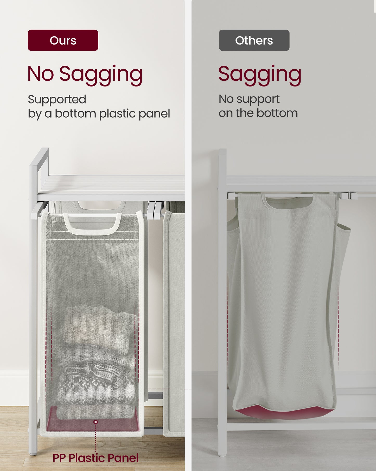 Nutshell laundry hamper with removable bags showcasing support design to prevent sagging for better organization