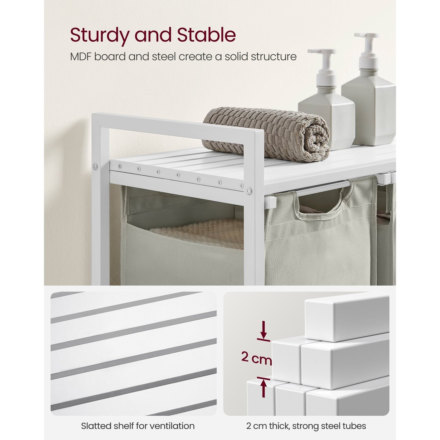 Nutshell laundry hamper with removable bags featuring sturdy MDF board and steel structure for stable organization