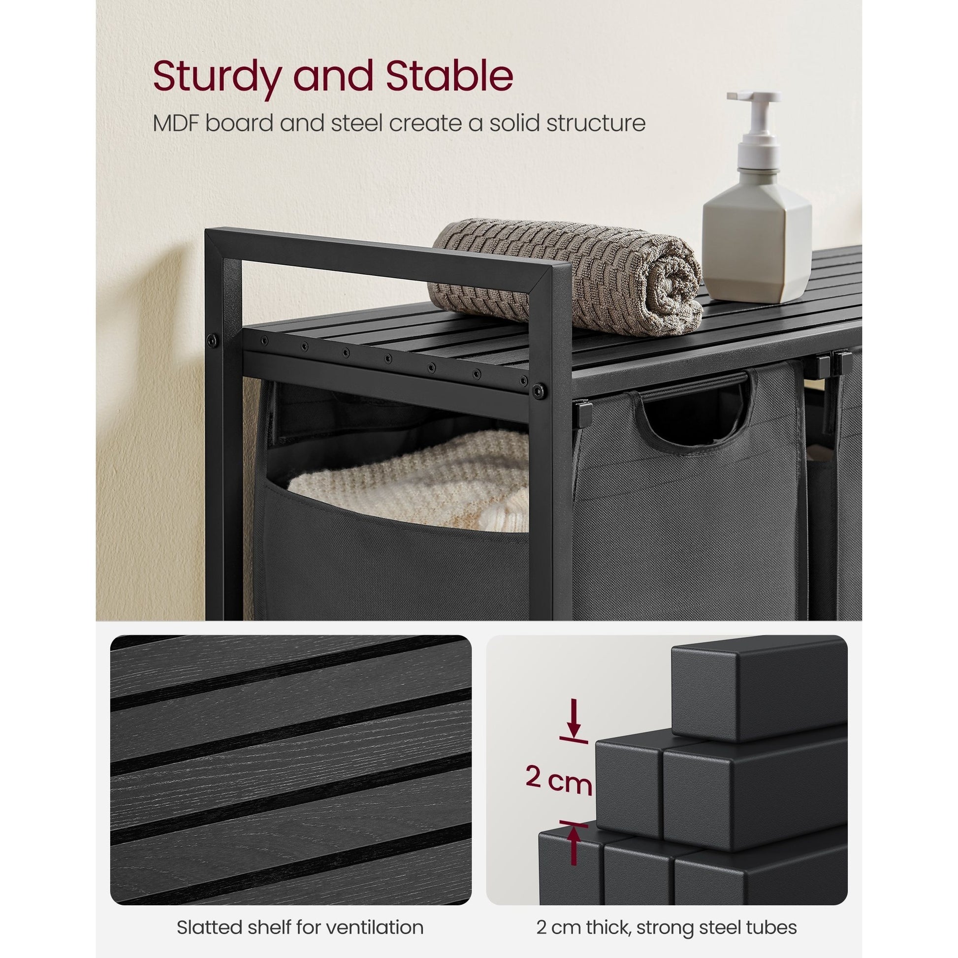 Nutshell laundry hamper with removable bags featuring sturdy MDF board and steel structure for durability