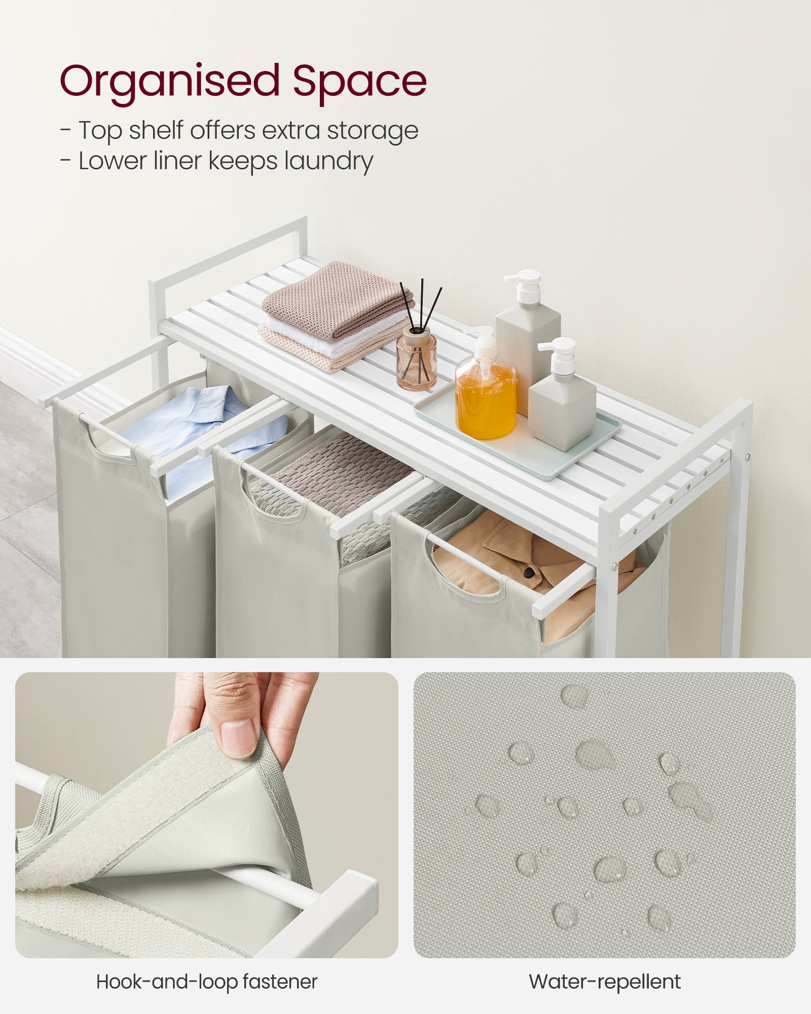 Nutshell laundry hamper with removable bags featuring a water-repellent design and organized space for easy use