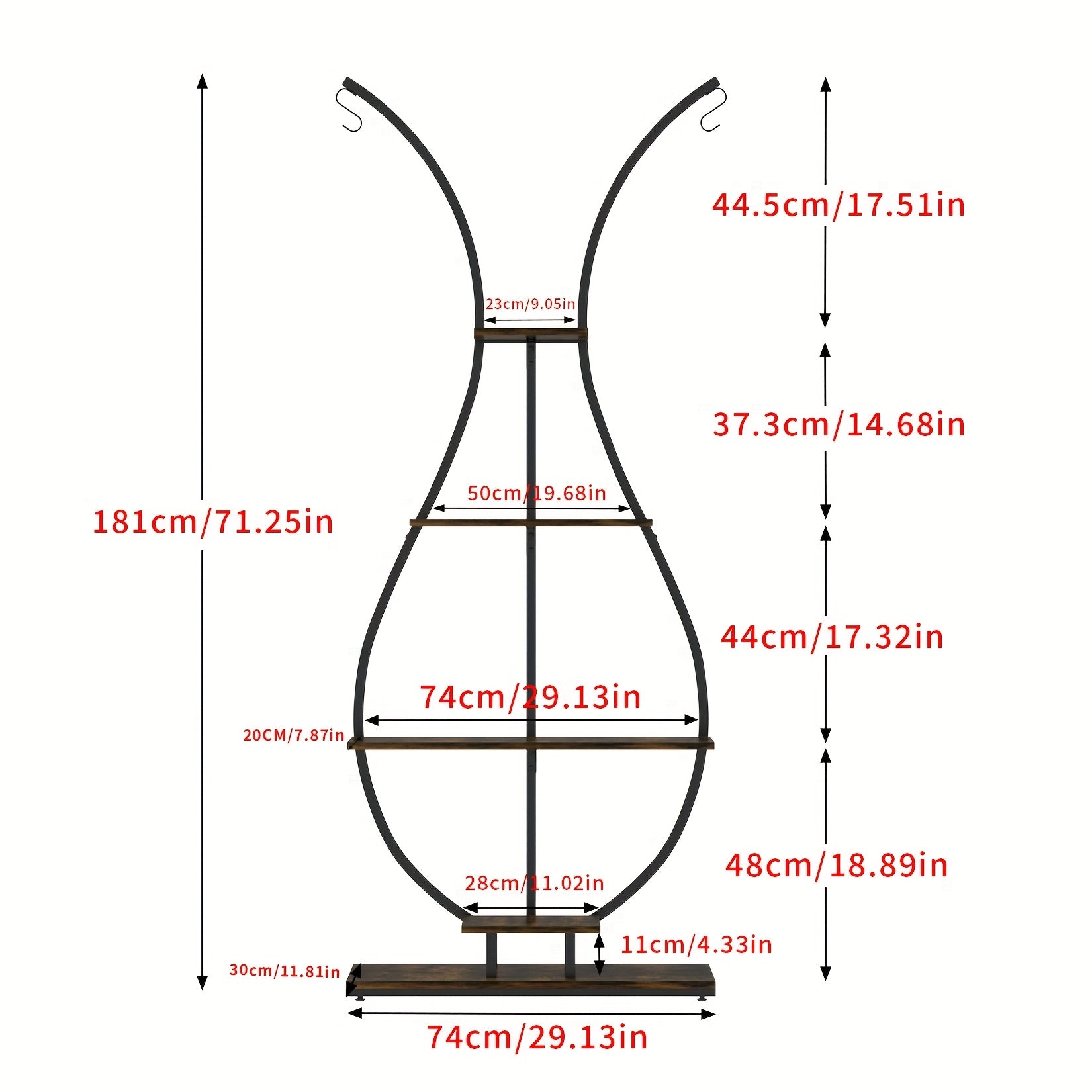 Vase-shape metal plant shelf with multiple wooden tiers for displaying indoor plants and decor