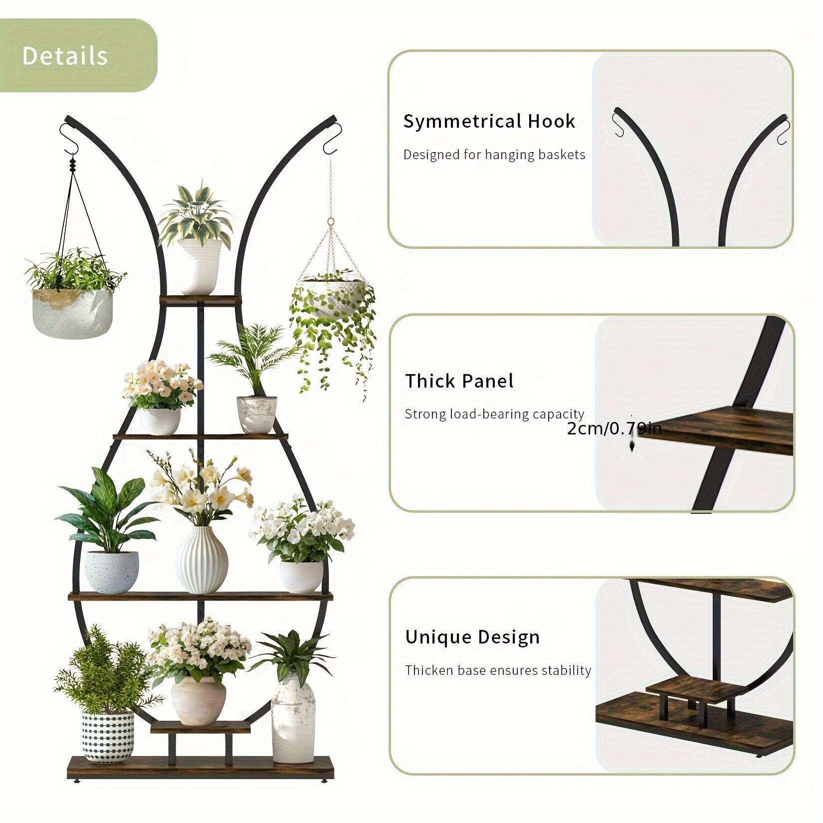 Vase-shape metal plant shelf with symmetrical hooks and sturdy panels for displaying plants