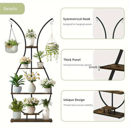 Vase-shape metal plant shelf with symmetrical hooks and sturdy panels for displaying plants