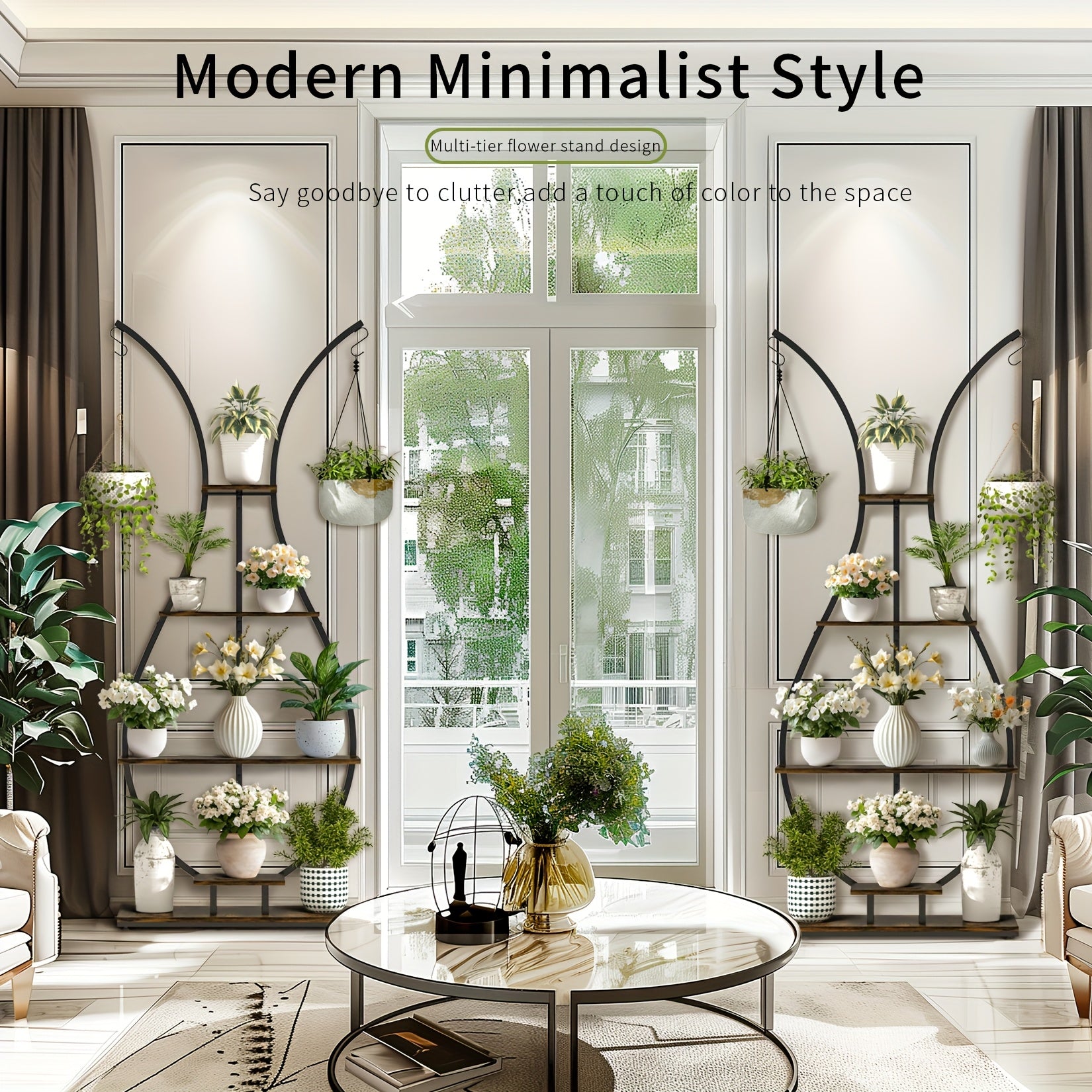 Modern minimalist vase-shape metal plant shelf with multiple tiers for indoor greenery display