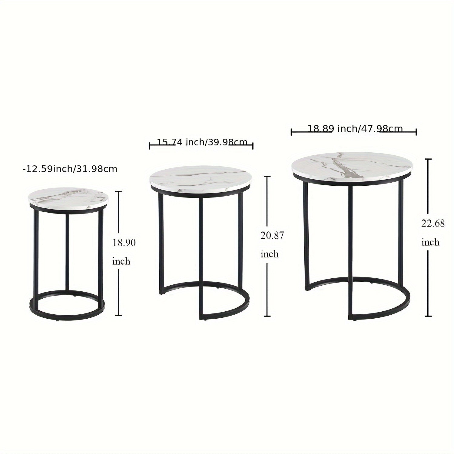 Nutshell modern side table set with three round marble tops and black metal legs, various sizes